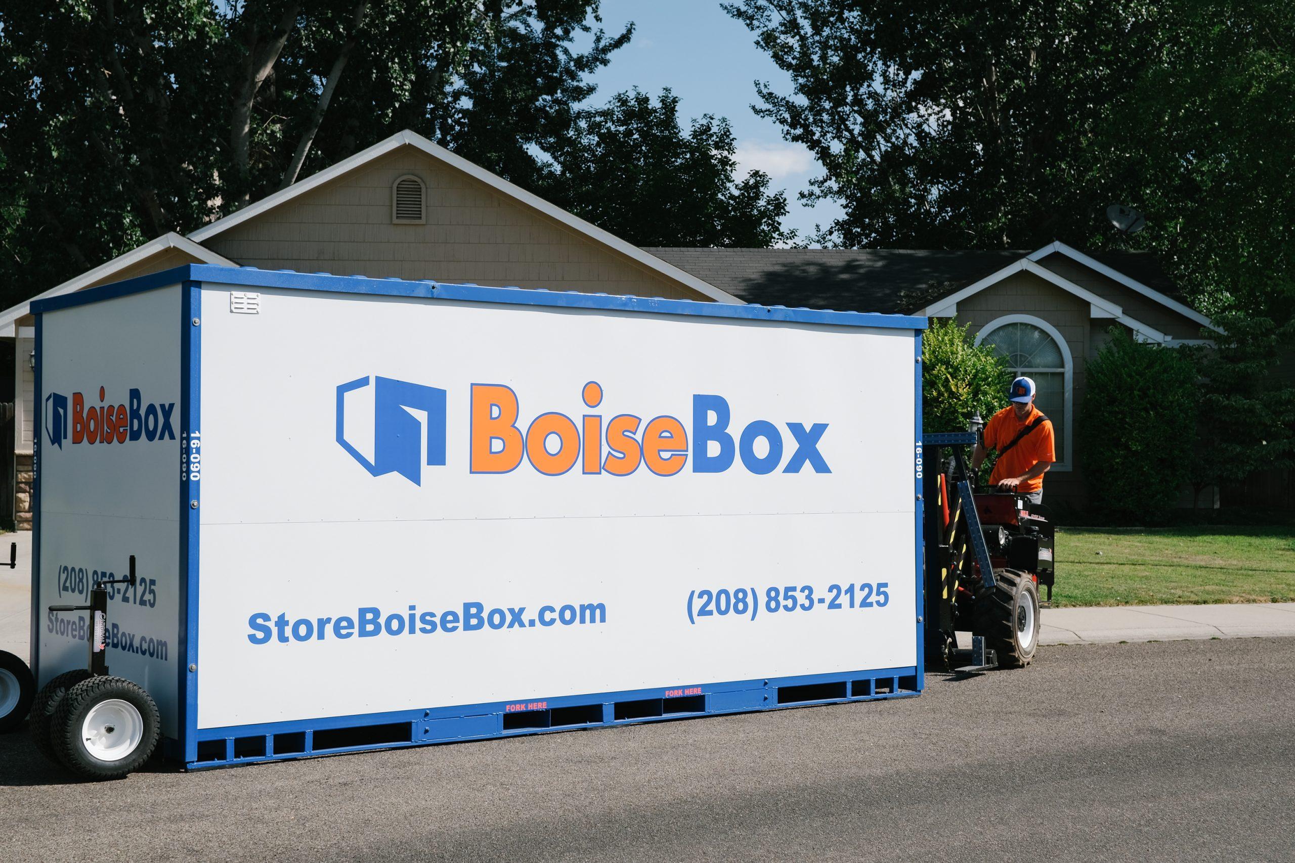 BoiseBox storage container placed in front of a home